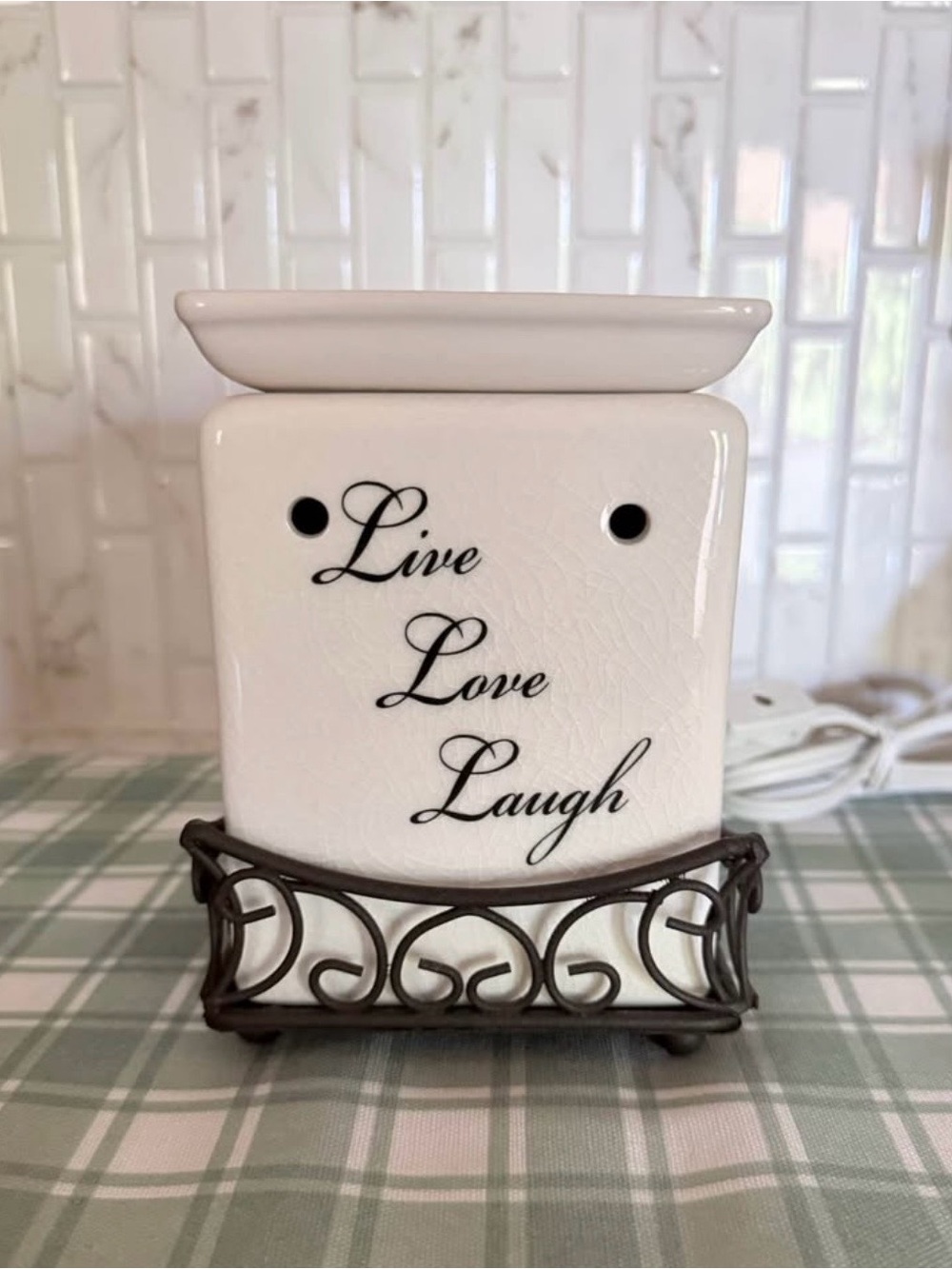 White 'Live Love Laugh' Ceramic Wax Melt Warmer with Scroll Metal Base